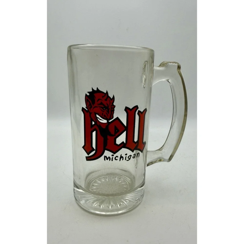 Vintage Hell Michigan Devil Logo Glass Beer Mug Stein Souvenir Barware